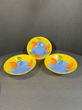 Arcoroc Fance Matys Set of 3 Glass Bowls Yellow Blue Orange Tulip Floral VTG
